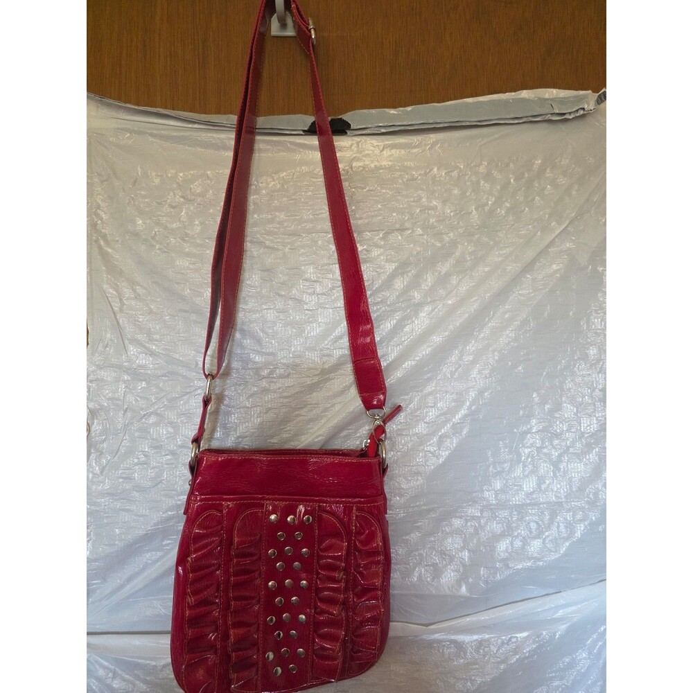 Vintage Y2K Glossy Red Crossbody Purse Silver Studded & Ruffled